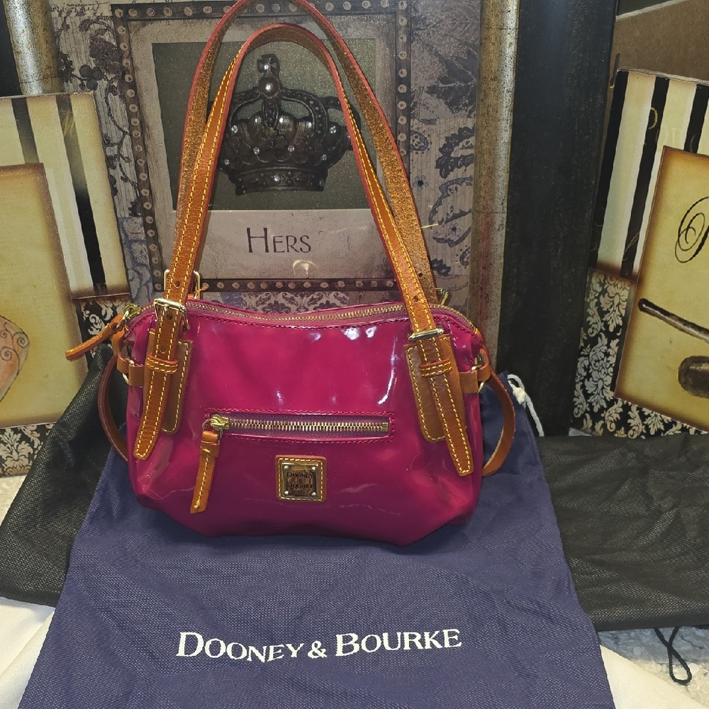 EUC. Dooney and Bourke Patent Leather.  Dark Pink with Leather handles- Satchel